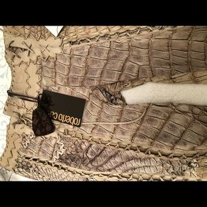 Roberto Cavalli Silk & Leather Reptile Print Pants